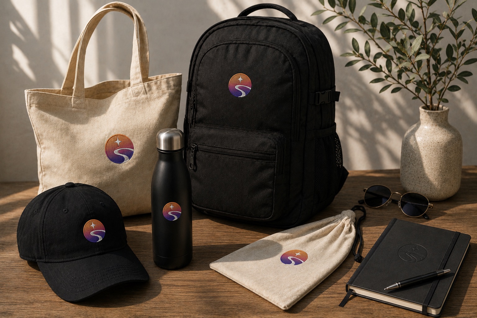 Aperçu de sacs, gourde, casquette et carnet portant l’emblème TripMorrow